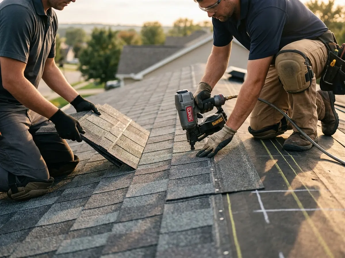Professional roofer working on a residential roof in Adelphi